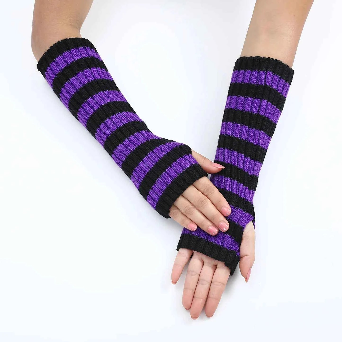 Women's Knitted Fingerless Arm Sleeves Gothic Style Striped Winter Long Arm Warmers Girls Harajuku Y2K Fashion Wrist Gloves