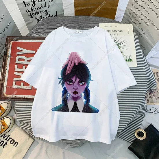 Wednesday Addams Women Casual T-shirt Summer Adult Cartoon Printed Tee Tops Girls Round Neck Clothing Short Sleeve Fashion Gifts SS69 8.69 ADD40 / S