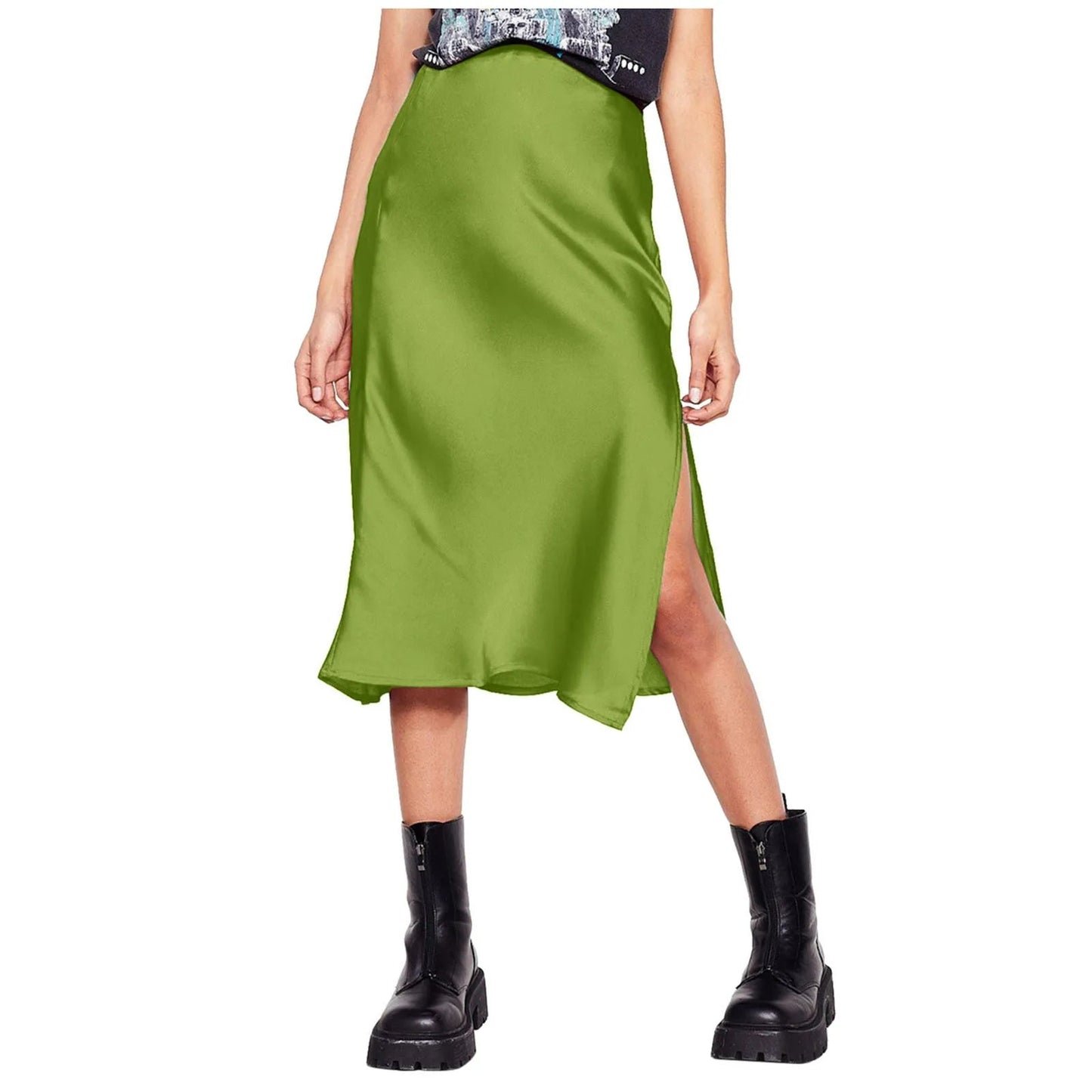 Korean Style Satin Skirt For Women Summer High Waisted Midi Skirt With Slit Solid Color Faldas Elegant Office Ladies Skirts SS69 26.69 Mint Green / M / CHINA