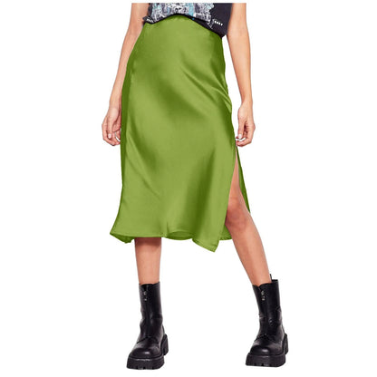 Korean Style Satin Skirt For Women Summer High Waisted Midi Skirt With Slit Solid Color Faldas Elegant Office Ladies Skirts SS69 26.69 Mint Green / M / CHINA