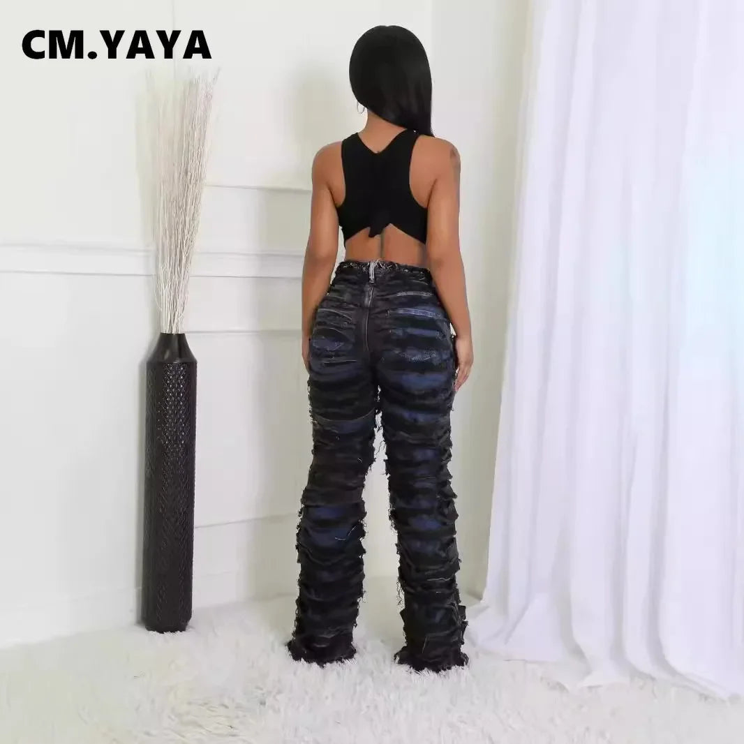 CM.YAYA Street Denim Pants Women Ripped Out Striped High Waist Zipper Jeans 2024 Fall Trousers Streetwear Straight Party Pants SS69