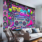 Retro 80s party background - polyester background, neon lights, tapes, amplifiers and the text "Back to the 80s"
