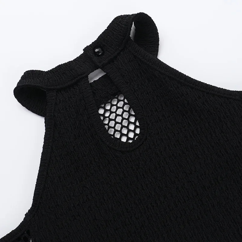 Goth Dark Fishnet Patchwork Off Shoulder Halter Top