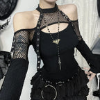 Goth Dark Fishnet Patchwork Off Shoulder Halter Top