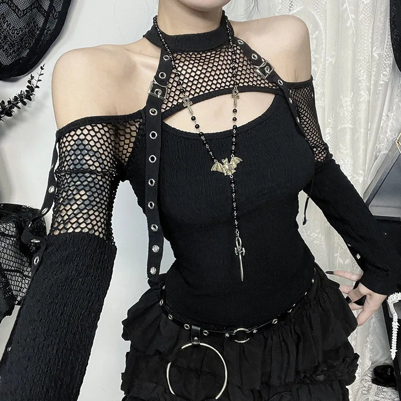 Goth Dark Fishnet Patchwork Off Shoulder Halter Top