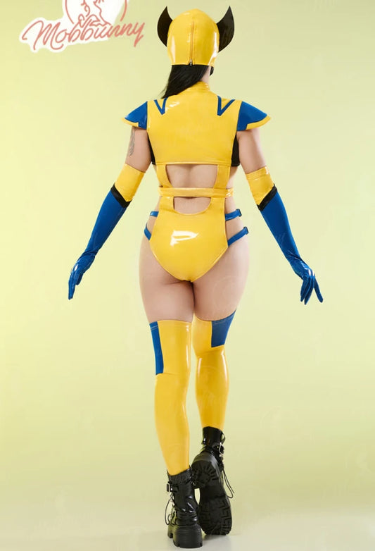 MOBBUNNY Women's PU Leather Bodysuit Cosplay Costume Set with Hat and Gloves