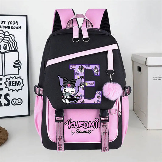 Sanrio Kuromi Large Capacity Backpack for Students Cartoon Letter A-Z Printed Schoolbag Fashion Book Stationery Storage Bag Gift SS69