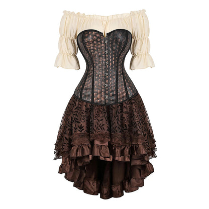 Brown Pirate Dress Plus Size Faxu Leather Steampunk Corset Dress with Shoulder Off Blouse Cosplay Pirate Costume for Women SS69 66.69 Brown 8 / L