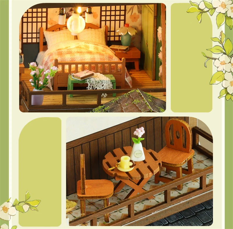 DIY Wooden Bamboo Spring Courtyard Casa Miniature Building Kits Bookend Assembled Dollhouses Bookshelf Home Decor Friends Gifts SS69