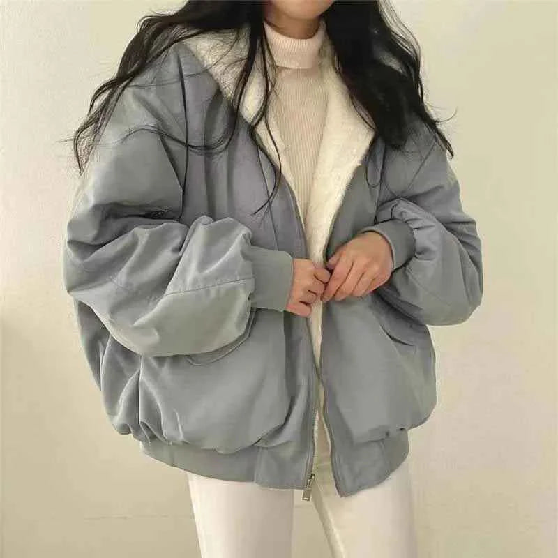 Smvp Winter Thicken Warm Parkas Women Fashion Double Sided Hooded Fleece Coat Ladies Korean Loose Long Sleeve Zip Up Jackets