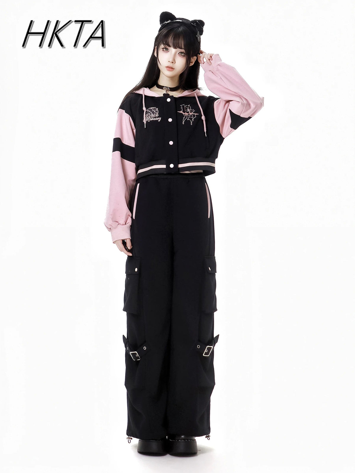 Sweet Cool Embroidery Pink Black Hoodies Baseball Slim Zipper Women Sweatshirt Jacket Loose Casual Trousers Sweet Mini Skirt Set SS69