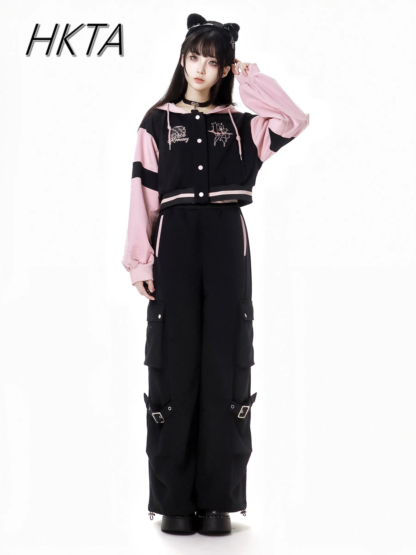 Sweet Cool Embroidery Pink Black Hoodies Baseball Slim Zipper Women Sweatshirt Jacket Loose Casual Trousers Sweet Mini Skirt Set SS69