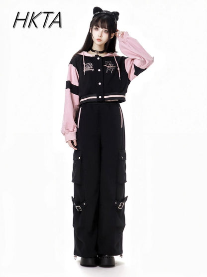 Sweet Cool Embroidery Pink Black Hoodies Baseball Slim Zipper Women Sweatshirt Jacket Loose Casual Trousers Sweet Mini Skirt Set SS69