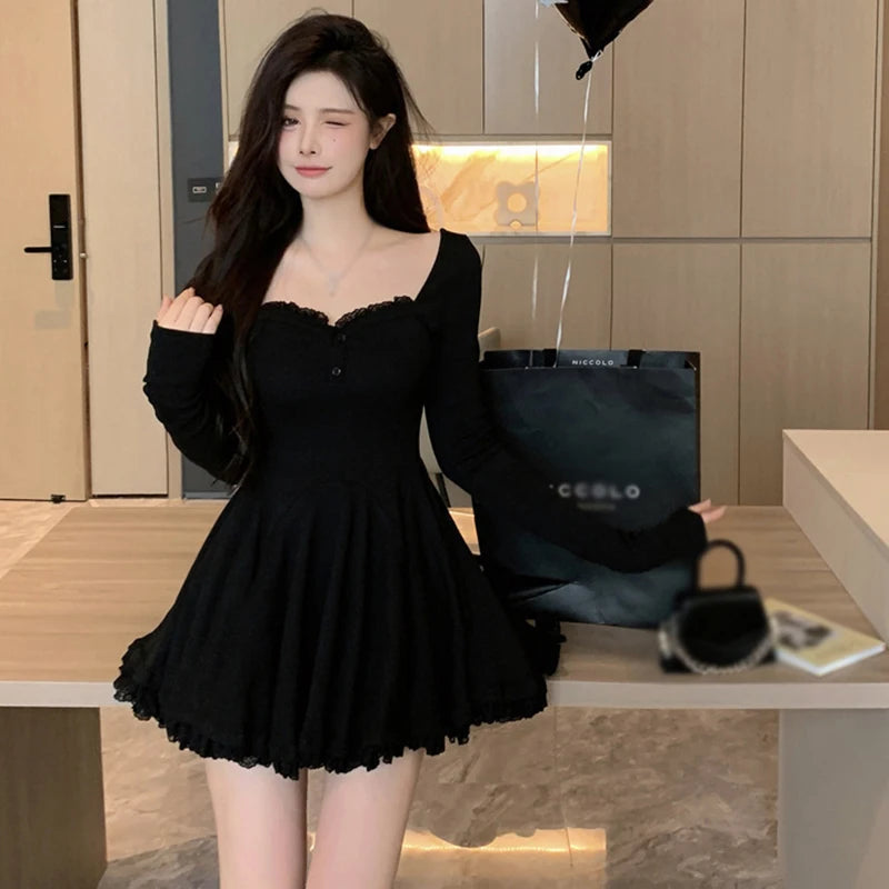 Women Sexy Korean Dress French Style Waist Closed Long Sleeve Collarbone Exposed Sweet SS69