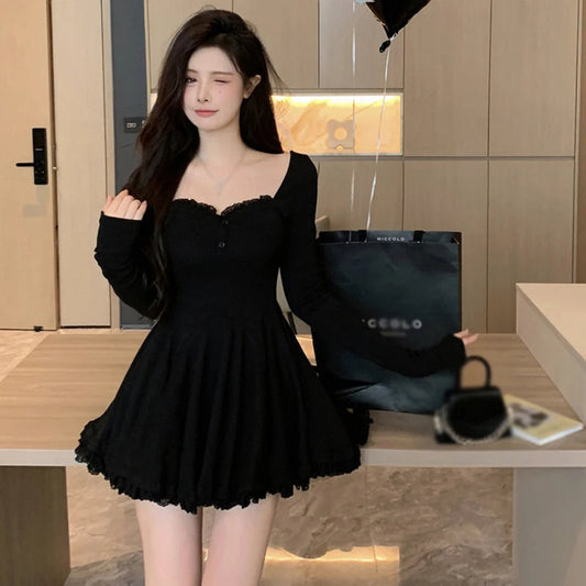 Women Sexy Korean Dress French Style Waist Closed Long Sleeve Collarbone Exposed Sweet SS69