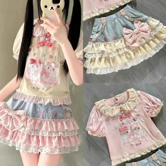 Y2K JK Lolita Japan Kawaii Girl Cute Sweet Lace T-shirt Lolita Print Tops Bow Cake Blouse  A-line Spliced Cake Skirt New Chic