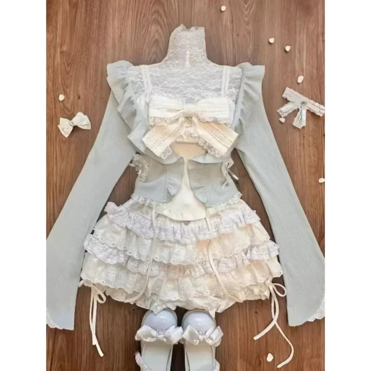 Japanese Sweet Preppy Style 2 Piece Set Women Kawaii Lace Patchwork Bow Tops + Y2k Plaid Mini Skirt Elegant Fashion Outifits New SS69 23.69 810 Sets / L