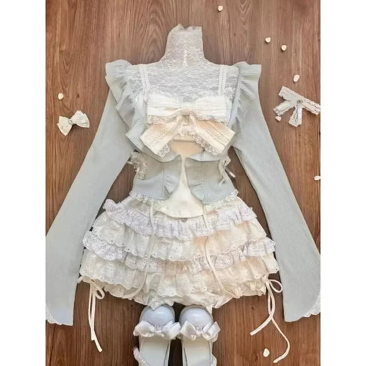 Japanese Sweet Preppy Style 2 Piece Set Women Kawaii Lace Patchwork Bow Tops + Y2k Plaid Mini Skirt Elegant Fashion Outifits New SS69 23.69 810 Sets / L