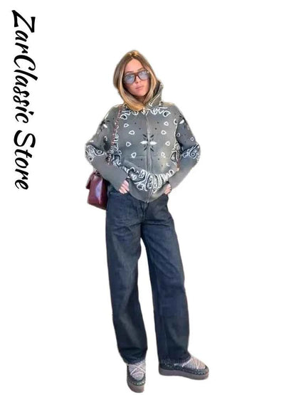 Warm Printed High Collar Knit Cardigans Women Contrast Jacquard Zipper Full Sleeve Pocket Sweater 2026 Spring Lady Chic Knitwear