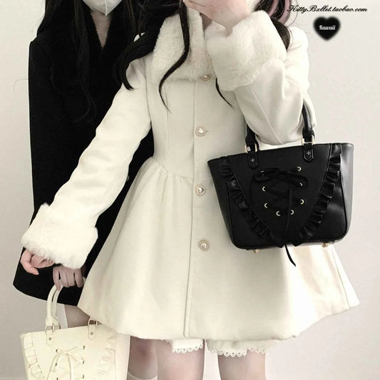 Original Japanese Sweet Imitation Woolen Coat Removable Fur Collar 2025 Winter Jacket Love Single-breasted Wool Overcoat Femlae