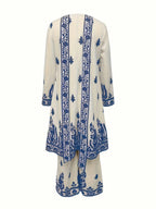 Plus Size Women's Off-White and Black Printed Three-Piece Set Ethnic Style Crew Neck Long Top Wide-Leg Pants and Headscarf Set