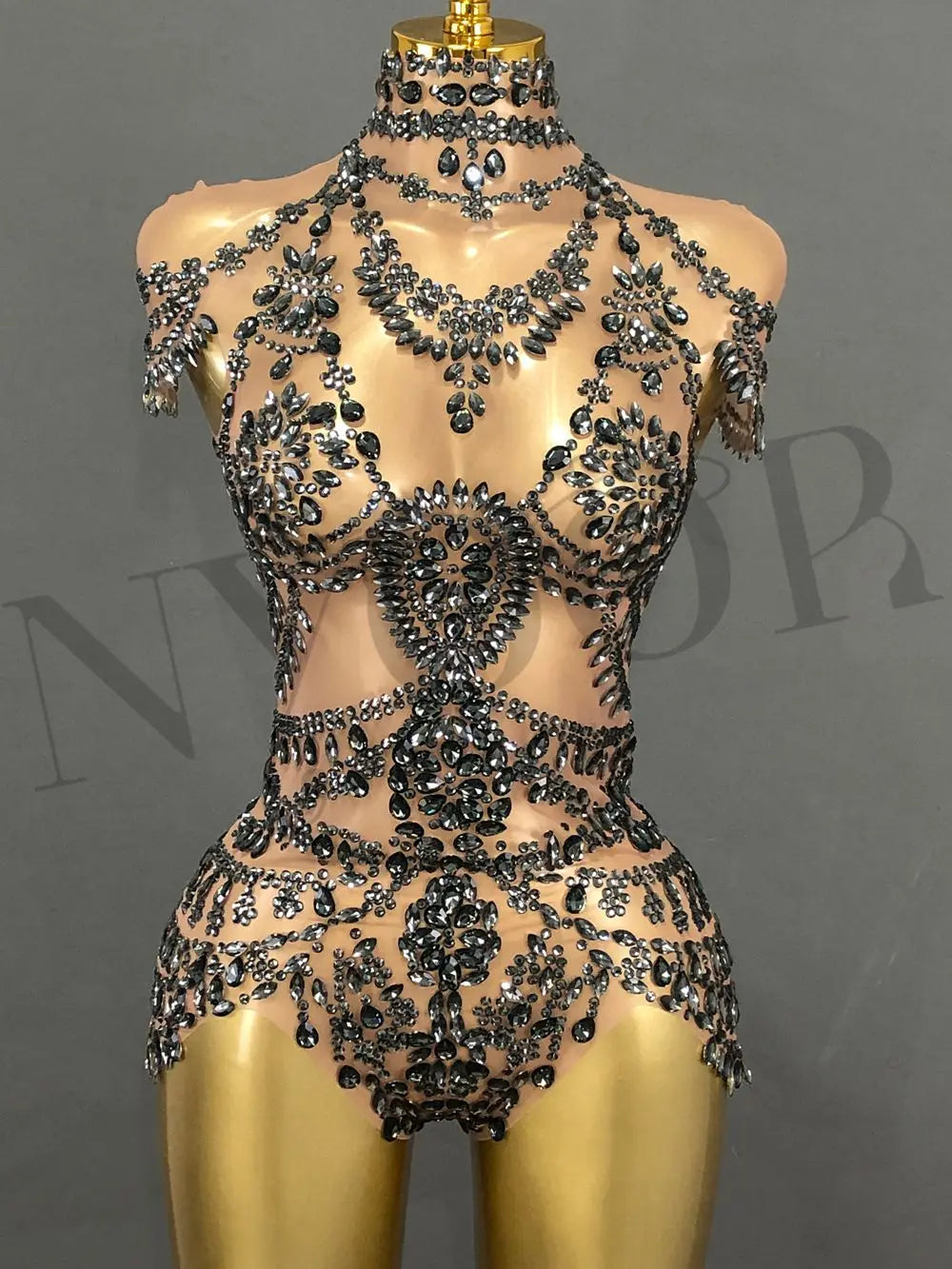 Sparkly Rhinestone Mesh Bodysuit for Women - Transparent Dance Leotard