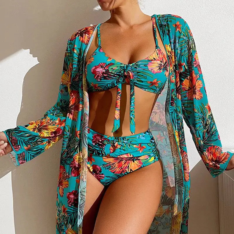 Size S-3XL Bikini Three Pieces Floral Printed Swimsuit Women Bikini Set With Mesh Long-Sleeved Blouse,Bra Top with Pad Swimwear SS69 33.69 skyblue / XXXL