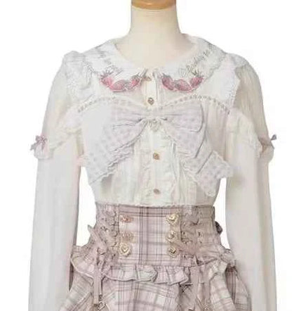 Japanese New Liz Plaid Bow Lolita Strawberry Embroidered Short Sleeve Shirt Women's Spring Summer Sweet Blouse Shirts