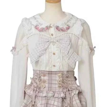 Japanese New Liz Plaid Bow Lolita Strawberry Embroidered Short Sleeve Shirt Women's Spring Summer Sweet Blouse Shirts