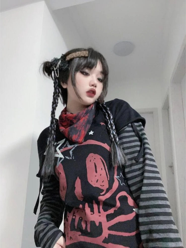 Oversized T Shirt Women's Clothing Chic Fake Two Tees 2025 Ropa Mujer Anime Punk Camisetas Skull Y2k Tops Casual Fashion T-shirt SS69