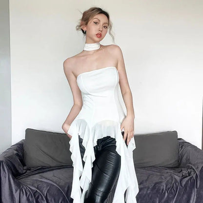 Sexy Off Shoulder Crop Tops Spring Summer Halter Sleeveless Streetwear Y2K White Solid Tank Top Casual Evening Party Club Tees SS69