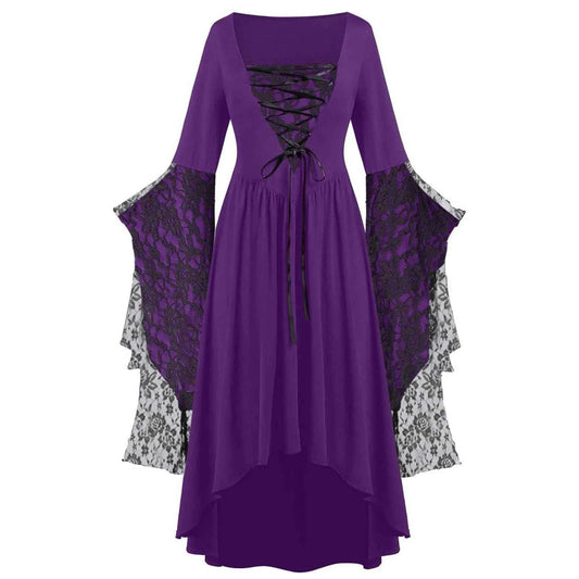 Women Gothic Plus Size Long Dresses Halloween Lace Dress Flare Sleeve Halloween Dresses Cosplay Costume Gothic Clothes For Women