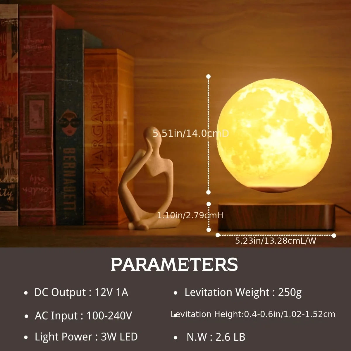 Mexllex Magnetic Floating Moon Lamp - 3D Printed Rotating LED Night Light