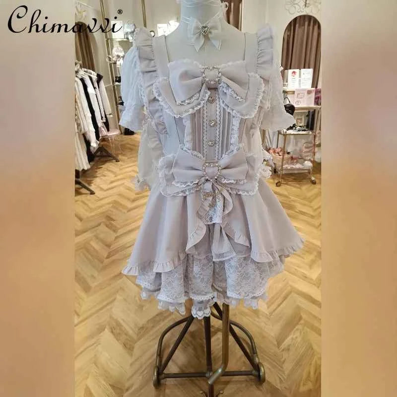 Liz New Japanese Lolita Princess Dress Set Spring Summer Big Bow Spring Summer Short Sleeve Slim Sweet Dress and Shorts Set