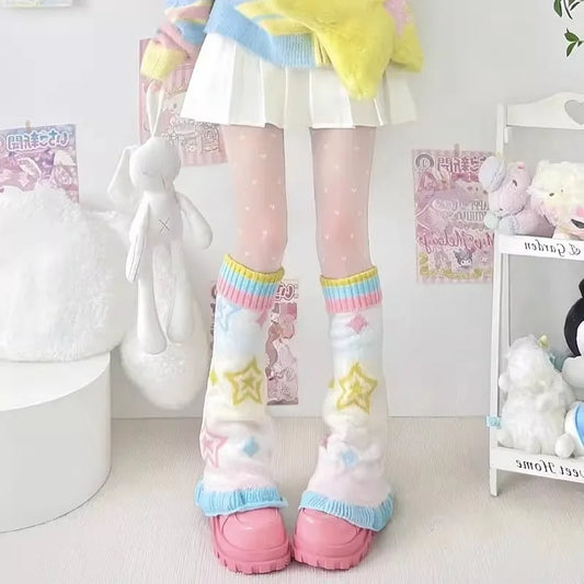 SS69 Japanese Design Y2K Knitted Flared Leg Warmers Colorful Patchwork