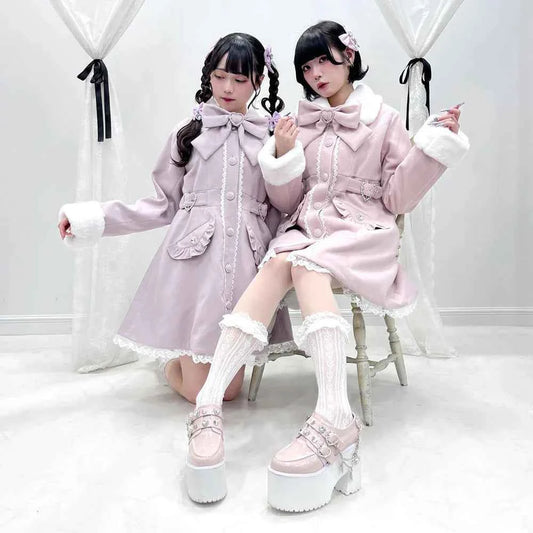 Japanese Sweet Winter Woolen Coat Lolita Style Cute Big Bow Fungus Edge Long Sleeve Slim Kawaii Girls Women Elegant Overcoat