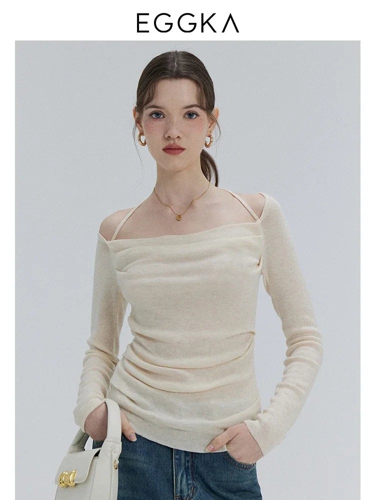 EGGKA Autumn One-shoulder Halter Neck Knitted Tops Women Slim Designer T-Shirts Slash Neck Long Sleeve Tops Korean Fashion Tees - SS69