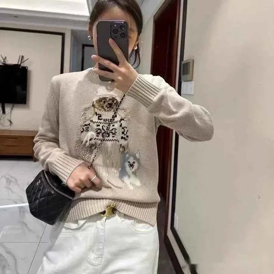 Limited Edition Autumn Winter Knitwear Embroidered Anti-Aging Crew Neck Sweater American Style Versatile Old Money Split Haier
