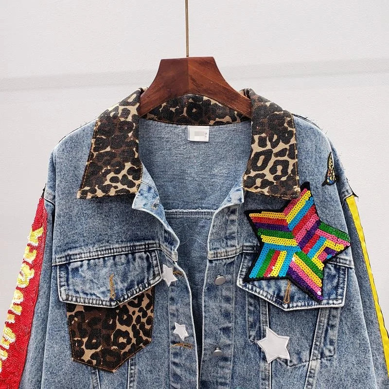 Sequins Loose Denim Jacket Girls Students High Street Party Jeans Coats Women 2023 New Female Nightclub Outwear Chaqueta Mujer SS69
