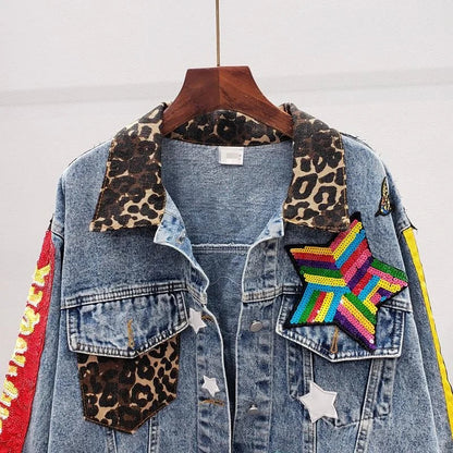 Sequins Loose Denim Jacket Girls Students High Street Party Jeans Coats Women 2023 New Female Nightclub Outwear Chaqueta Mujer SS69