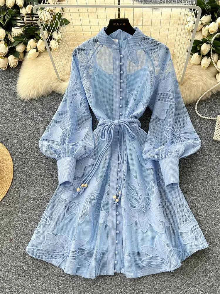 SINGREINY Women Elegant Floral Emboridery Dress Hollow Out Long Sleeve Single Breasted Belt French Court Chic Short A Line Dress