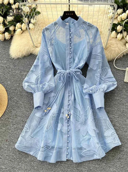 SINGREINY Women Elegant Floral Emboridery Dress Hollow Out Long Sleeve Single Breasted Belt French Court Chic Short A Line Dress
