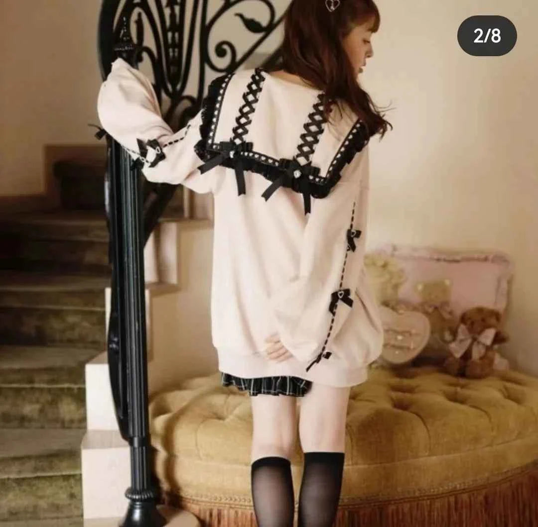 Japanese Liz Mine Mass-Produced Sailor Collar Ribbon Bow Sweet Hoodies Women Autumn Preppy Style Y2K Cute Oversized Sweatshirt