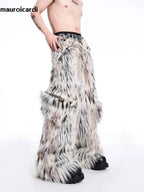 Mauroicardi Autumn Winter Long Colorful Thick Warm Hairy Fluffy Faux Fur Wide Leg Pants Men Pockets Runway Fashion Streetwear