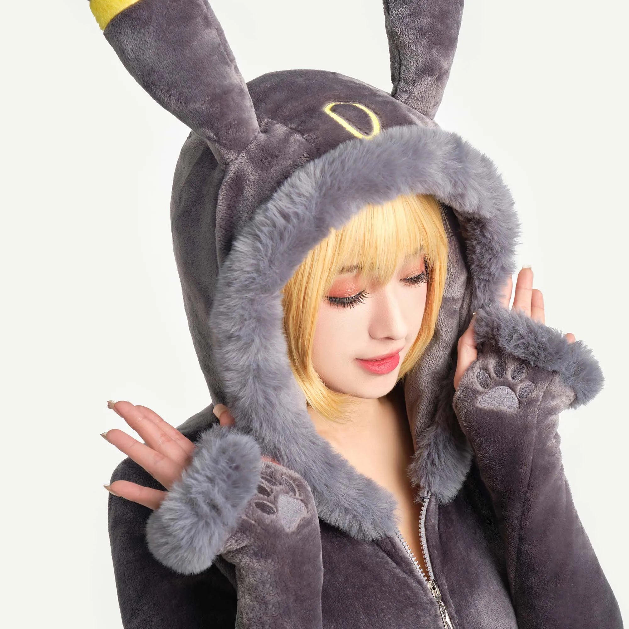 Meowcos Women Genga Cosplay Costume Halloween Purple Ghost Romper Bodysuit Plush Hooded and Socks with Belt and Tail