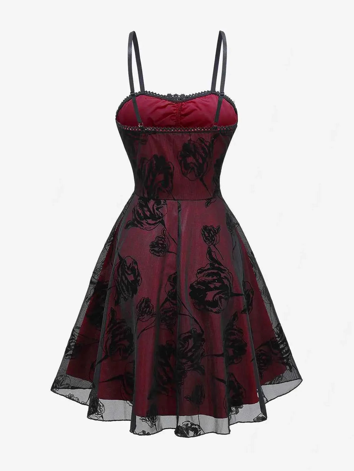 ROSEGAL Women Gothic Dress Vintage Mesh Flocking Applique Layered A Line Cami Dress Sleeveless Punk Goth Party Cocktail Dresses