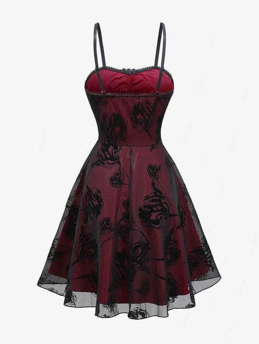 ROSEGAL Women Gothic Dress Vintage Mesh Flocking Applique Layered A Line Cami Dress Sleeveless Punk Goth Party Cocktail Dresses