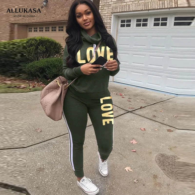 2 Piece Set Women Outfit LOVE Letter Print High Neck Hoodies Sweatshirt Pants Tracksuit 2022 Plus Size Streetwear Casual Suit SS69