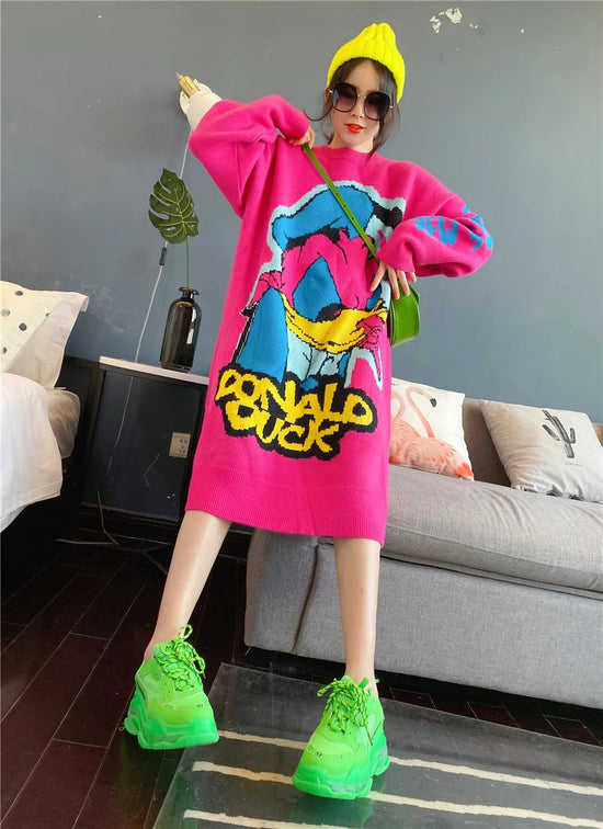 Korean Long-Sleeved Pullover Sweater Loose Fashion Women Autumn Winter Cartoon Embroidered Thickened Long Section Knitted Top SS69