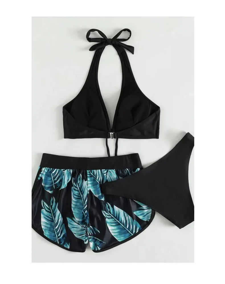 Women 2024 New Bikinis 6 Colors Sexy Halter Bikini 3 Piece Set Leafs Print High Waisted Swimsuit Beach Bathing Suit Size S-XXL SS69